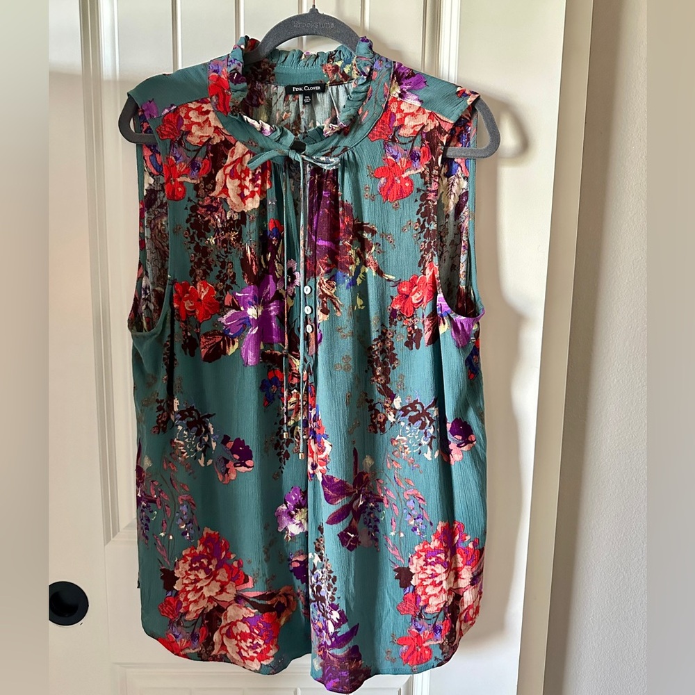 Pink Clover Stitch Fix Floral Sleeveless Ruffle Tassel Tie Neck Blouse XXL